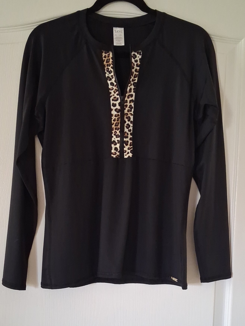 Sky Black Long Sleeve Top with Leopard Zip Trim( Work-out Top Or Golf)